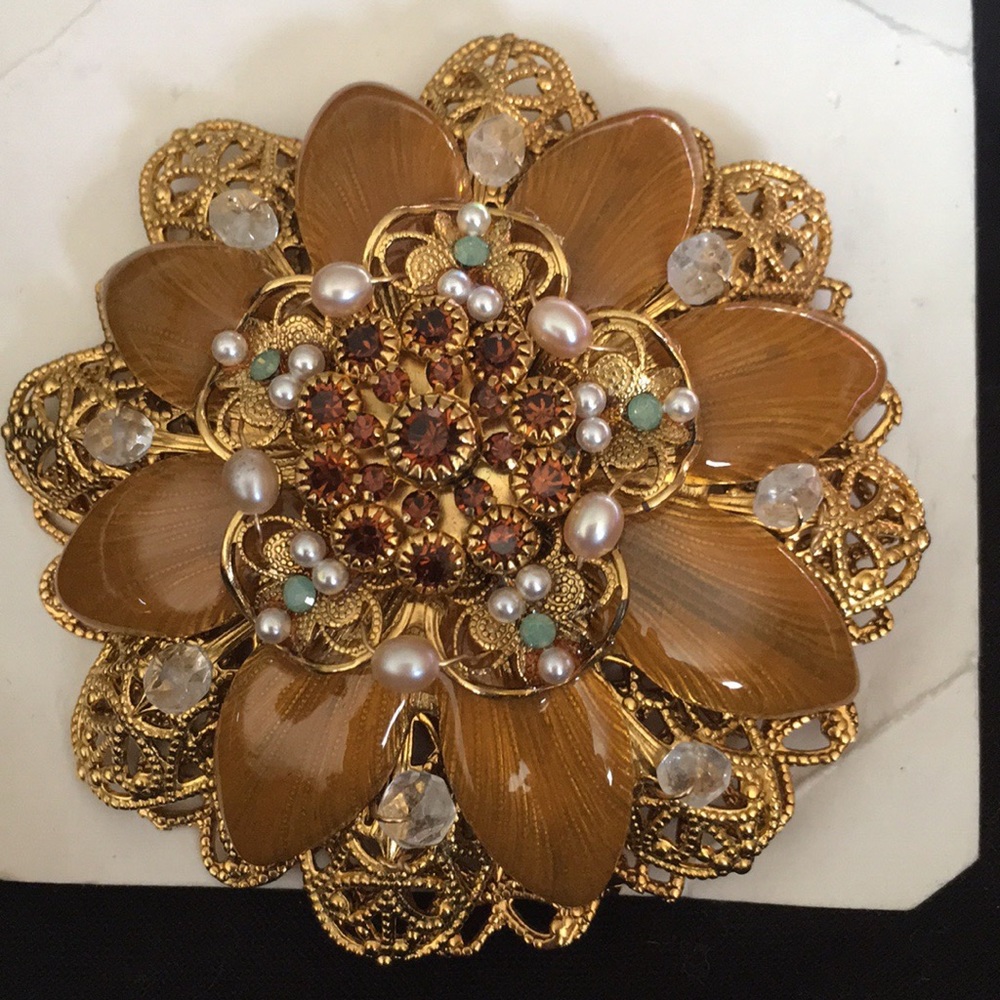 Lee Angel Gold Leaf Rhinestones Brooch